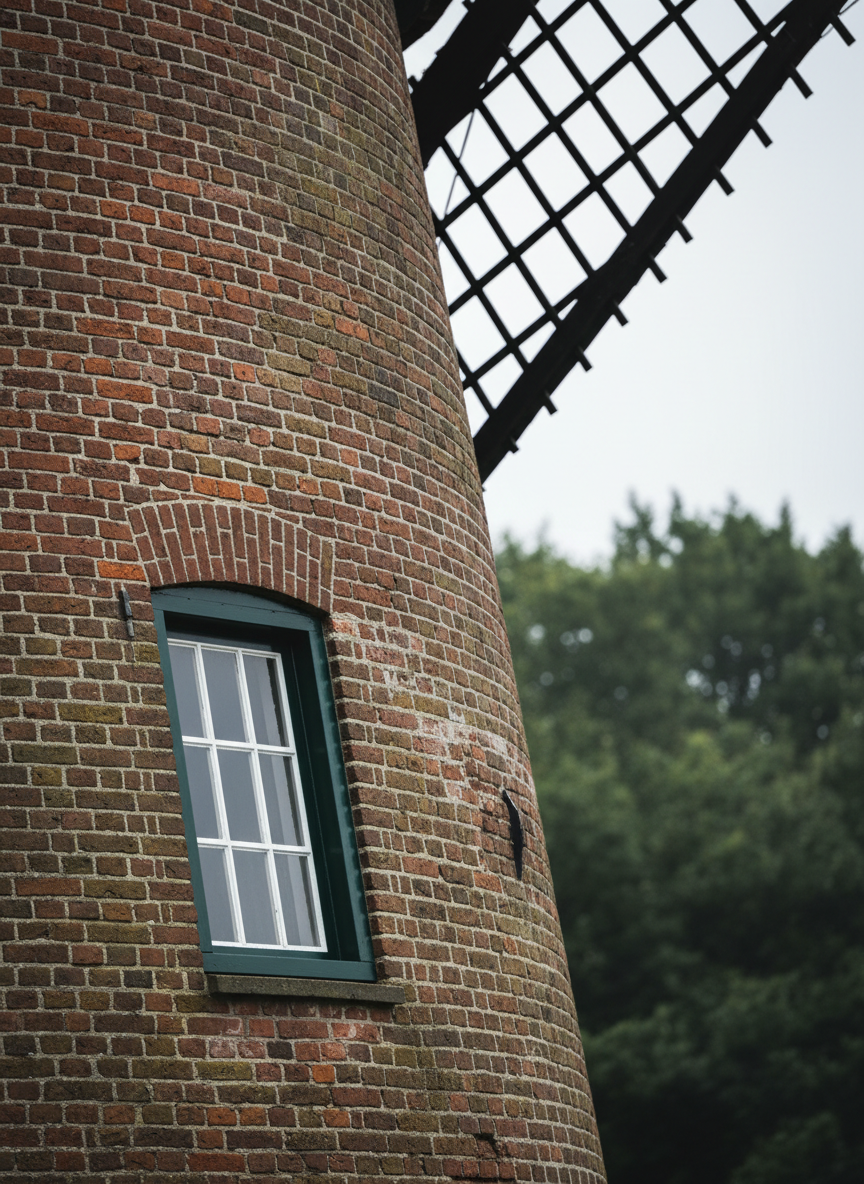 Detailopname van de Hernense Molen: de massieve bakstenen romp in close-up, met duidelijk zichtbare voegen, kleine verweerde reparaties en een diep donkergroen houten raamkozijn met wit omlijst glas. Op de achtergrond, zacht onscherp, tekenen zich de donkere wieken af tegen het Hernense bos. Een diffuus, licht bewolkt daglicht zorgt voor gelijkmatige, zachte belichting zonder harde schaduwen, waardoor alle structuren helder zichtbaar zijn. De compositie volgt de regel van derden, met het raam links in beeld en de ronde lijn van de molenwand die het oog naar rechts leidt. De sfeer is ingetogen, historisch en respectvol, gefotografeerd in strakke, professionele fotografische stijl.