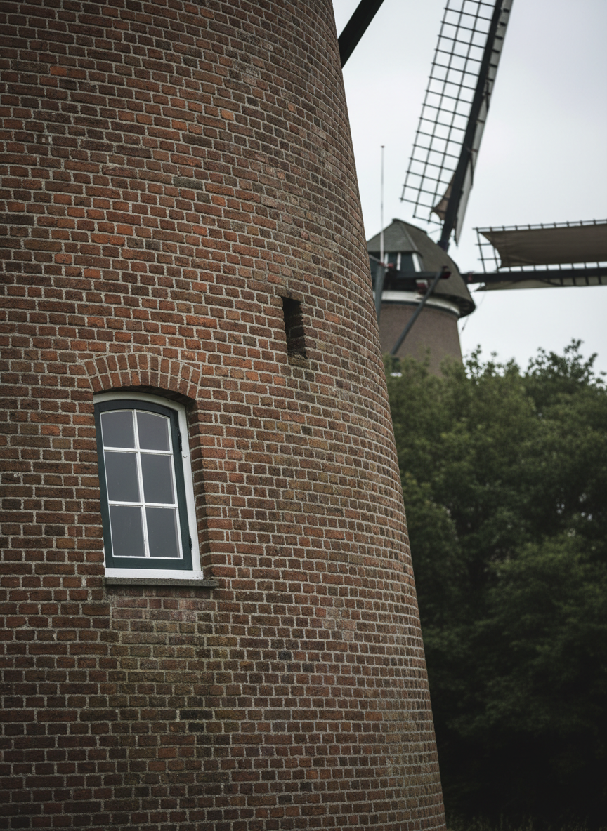 Detailopname van de Hernense Molen: de massieve bakstenen romp in close-up, met duidelijk zichtbare voegen, kleine verweerde reparaties en een diep donkergroen houten raamkozijn met wit omlijst glas. Op de achtergrond, zacht onscherp, tekenen zich de donkere wieken af tegen het Hernense bos. Een diffuus, licht bewolkt daglicht zorgt voor gelijkmatige, zachte belichting zonder harde schaduwen, waardoor alle structuren helder zichtbaar zijn. De compositie volgt de regel van derden, met het raam links in beeld en de ronde lijn van de molenwand die het oog naar rechts leidt. De sfeer is ingetogen, historisch en respectvol, gefotografeerd in strakke, professionele fotografische stijl.