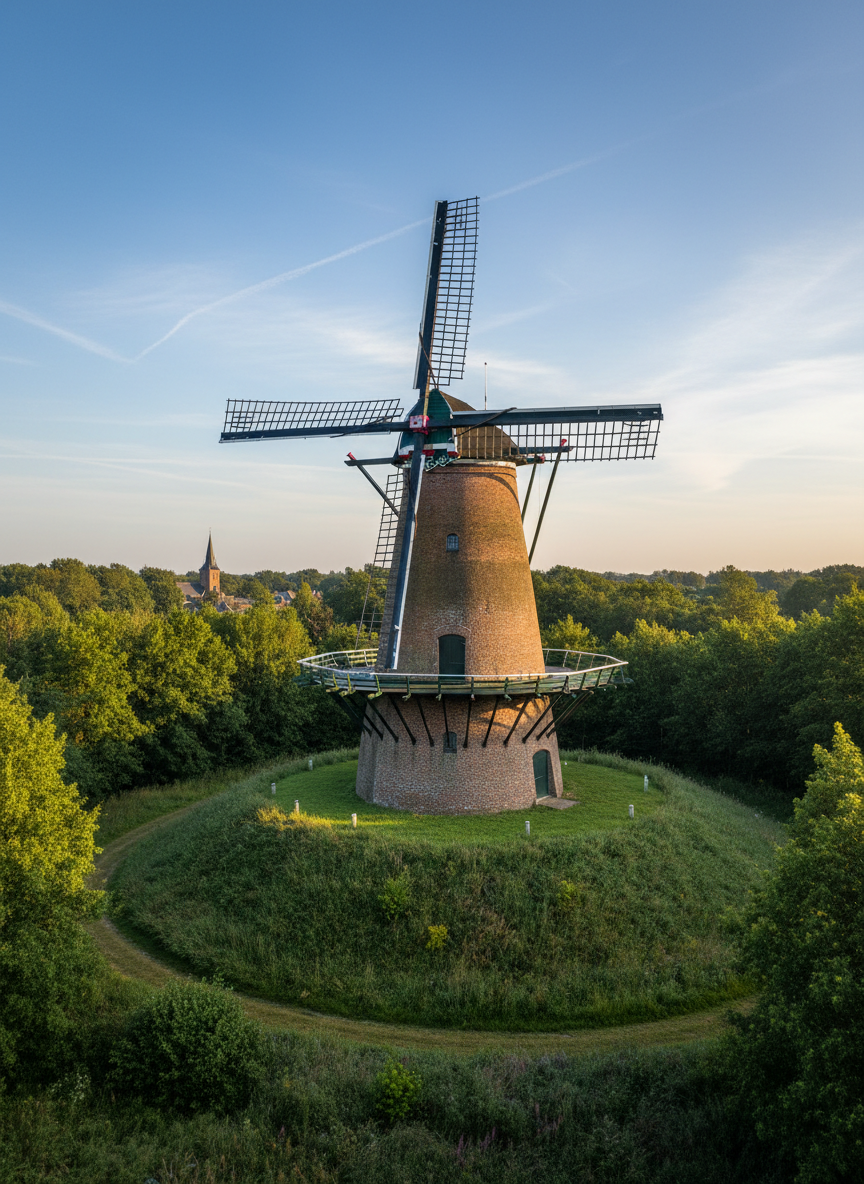 Een monumentale stenen beltkorenmolen in Hernen, met verweerde roodbruine bakstenen romp, donkergroene houten stelling en lange, zwart-witte wieken die diagonaal door het beeld snijden. De molen staat prominent op een met gras begroeide belt, omringd door het dichte, frisgroene Hernense bos. Zacht, goudkleurig namiddaglicht valt van rechts binnen, accentueert de textuur van het metselwerk en werpt lange, rustige schaduwen over het gras. De lucht is helder blauw met enkele lichte sluierwolken. Gefotografeerd op ooghoogte in fotografisch realisme, met scherpe details over het hele beeld en een uitgebalanceerde compositie, waardoor een professionele, rustige en uitnodigende sfeer ontstaat.