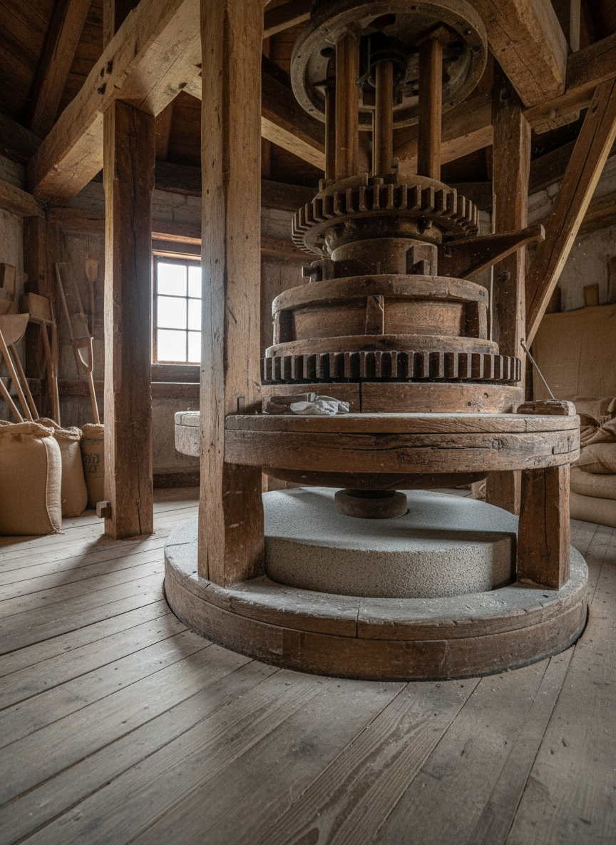 Het interieur van de Hernense Molen, met een imposant houten maalwerk als centraal onderwerp: zware, licht verweerde eiken balken, dikke tandwielen met duidelijk zichtbare slijtsporen en een grote ronde molensteen met korrelige structuur. De vloer is van ruwe, brede planken met meelstof in de naden. Door een klein raam valt zacht, natuurlijk zijlicht naar binnen, dat fijne stofdeeltjes in de lucht zichtbaar maakt en subtiele highlights op het hout creëert. Op de achtergrond staan jute meelzakken en houten scheppen onscherp opgesteld. Gefotografeerd vanuit een iets lager standpunt, in fotografisch realisme, met warme, ambachtelijke sfeer en een rustige, documentaire compositie.