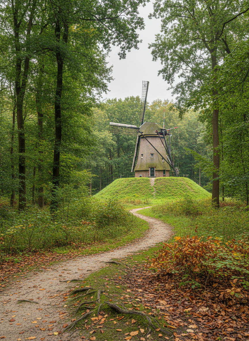 Een overzicht van de Hernense Molen in haar landschap: de molen op de groene belt, omlijst door hoog opgaand Hernens bos met verschillende groentinten en een smal zandpad dat in een lichte bocht naar de molen toe loopt. Op de voorgrond liggen afgevallen bladeren en mosrijke boomwortels, wat diepte creëert. Zacht, gefilterd boslicht van een lichte, bewolkte dag geeft een gelijkmatige, natuurlijke belichting zonder harde contrasten. De compositie is horizontaal, vanuit een iets verhoogd standpunt, met de molen licht uit het midden geplaatst voor een rustige, professionele uitstraling. Fotografisch realisme, met nadruk op de harmonie tussen cultuurhistorie en natuur, in een kalme en uitnodigende sfeer.