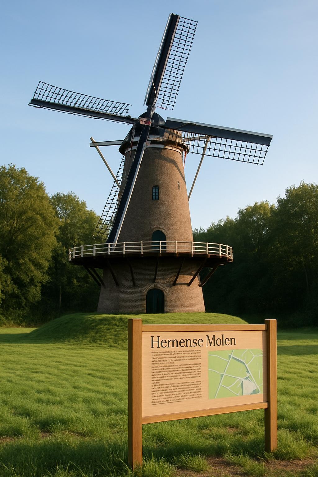 Een informatief, fotografisch realistisch beeld van de Hernense Molen met nadruk op het educatieve karakter: de molen staat in halfprofiel op de belt, duidelijk zichtbaar zijn de wieken, de stelling met hekwerk en de toegangsdeur aan de voet. Op de voorgrond staat een houten informatiepaneel met tekstvlakken en een eenvoudige plattegrond van het gebied, scherp in beeld zonder leesbare details. De omgeving bestaat uit kort gemaaid gras en een rand van hoog, gevarieerd bos. Zacht, helder ochtendlicht van links zorgt voor frisse kleuren en subtiele schaduwen. Gefotografeerd op ooghoogte met grote scherptediepte en een heldere, ordelijke compositie, passend bij een professionele, informatieve non-profitwebsite.